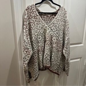🩷 KNOX ROSE Leopard Open Cardigan Floral Jacquard Cream Poncho Sweater